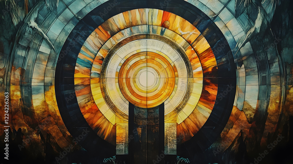 Aufkleber Abstract Circular Portal Art with Vibrant Rays and Cosmic Motifs in Modern Style : Generative AI