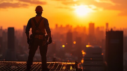 Construction Worker Silhouetted Against Vibrant City Sunset