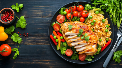 Grilled chicken breast with pasta, vegetables, and herbs on a dark wooden table. Healthy meal, food photography for recipe blogs or restaurant menus