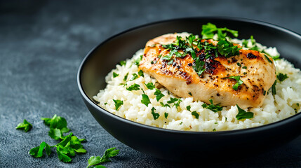 Grilled chicken breast with rice, parsley garnish, dark background, healthy meal