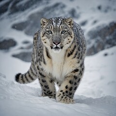 Fototapeta premium A snow leopard walking through a frosty canyon with sunlight filtering through.