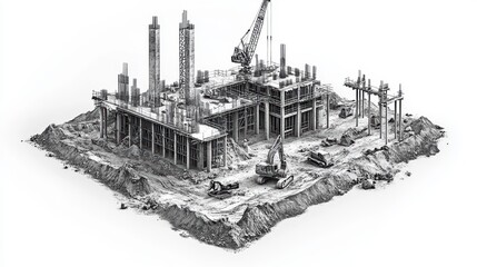 black and white photorealistic isometric cube view of a construction site with dirt piles and cranes digging. white background.
