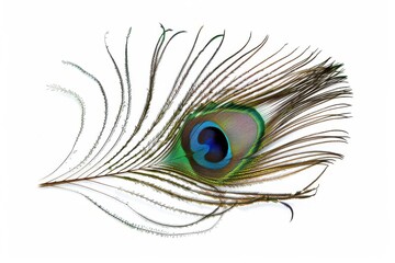 Obraz premium A delicate peacock feather showcasing vibrant hues against a clean, white backdrop, capturing nature's intricate beauty and design in fine detail isolated on transparent background