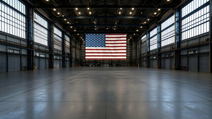 Obraz premium Large American flag displayed in spacious industrial warehouse; potential use as patriotic backdrop