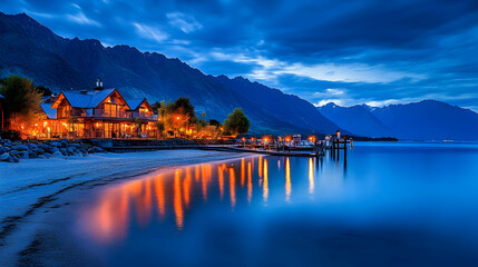 Naklejka premium Lakeside houses at twilight, mountains backdrop, calm water reflections. Use Travel brochure