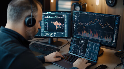 Man with headphones working intently looking at monitor with world map and graph data focused on coding and data analysis at desk