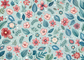 Beautiful Floral Pattern with Pink Flowers and Green Leaves