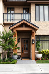 Modern Brick House Exterior: Luxury Home Design and Architecture.  Contemporary facade, landscaping, and stylish entrance. Real estate, residential property.