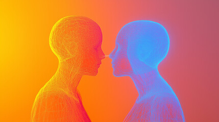 Fototapeta premium Two abstract human figures connected by a glowing bond, symbolizing unity and connection in a minimalist design