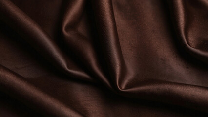 Black dark chocolate brown background made of silk satin fabric. Drapery fold crease