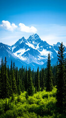Majestic snow-capped mountain peak, evergreen forest foreground, sunny day, travel postcard