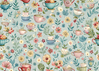 Floral Teacups Pattern. Watercolor Flowers and Vintage Teacups on a Blue Background