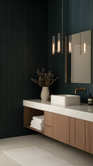 Modern bathroom interior design; sleek vanity, dark walls, minimalist decor; ideal for home decor websites