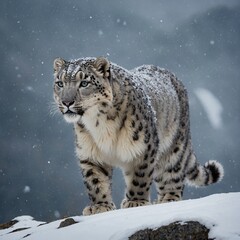 Fototapeta premium A snow leopard trekking along a ridge as snow flurries swirl around it.