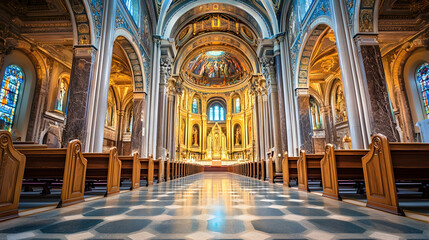 Magnificent Cathedral Interior with Intricate Architecture and Expansive Vaulted Ceilings : Generative AI