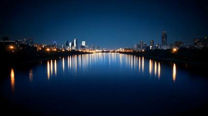 Night city skyline reflected in calm water