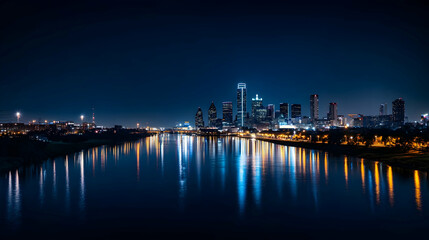 Fototapeta premium Night cityscape skyline reflecting on river, urban scene, dark blue sky