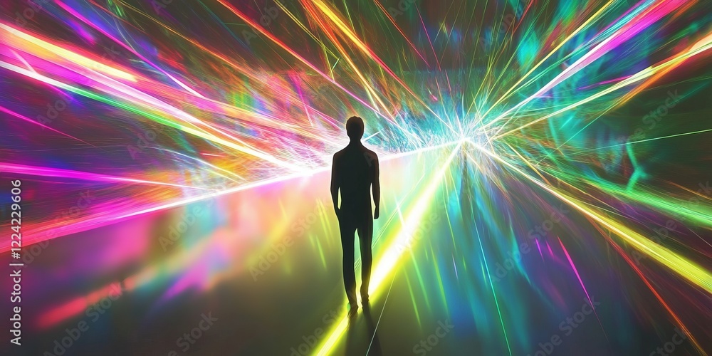 Poster silhouette of a person walking through a vivid tunnel of colorful lights and abstract patterns
