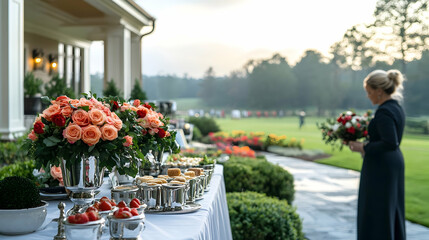 Outdoor catering event at golf course; woman with flowers; sunset background
