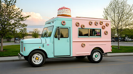 Pastel food truck selling donuts and cake parked in a lot at sunset