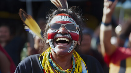 Joyful Woman with Tribal Face Paint and Traditional Accessories Laughing at Cultural Event : Generative AI