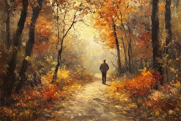 Solitary Figure Walking Through a Vibrant Autumn Forest Path with Sunlight