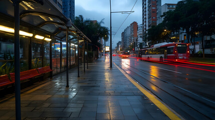 Rainy evening city street scene, bus and tram passing, empty bus stop, urban background, suitable for transportation or city life themes