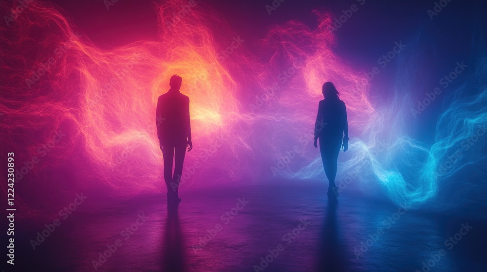 Poster business professionals analyzing interactive data in digital cyberpunk environment