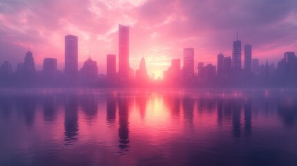 Fototapeta premium Stunning Warsaw Cityscape at Dawn with Skyscrapers and Calm River