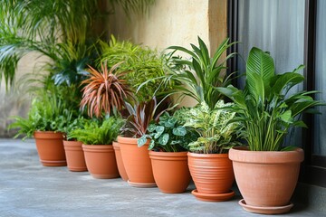 Fototapeta premium Tranquil Indoor Garden Plants in Terracotta Pots near Window