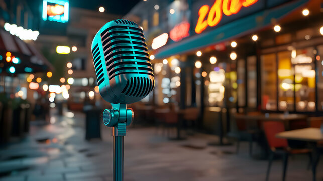 Retro microphone on city street at night, outdoor performance, blurred background, ideal for music event promotion