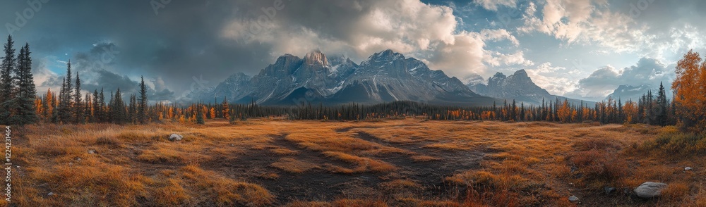 Poster a large, open field with mountains in the background