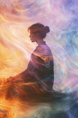 Fototapeta premium Ethereal Silhouette of a Woman Meditating Amidst Vibrant Swirling Colors