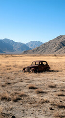 Rusty car abandoned in desert landscape, mountains background; ideal for travel, adventure, and nostalgia