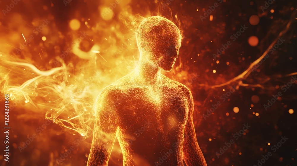 Poster fiery abstract human figure composed of glowing energy and light in a dynamic and ethereal setting