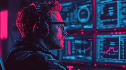 Focused Programmer Working Late at Night, Analyzing Data on Multiple Monitors