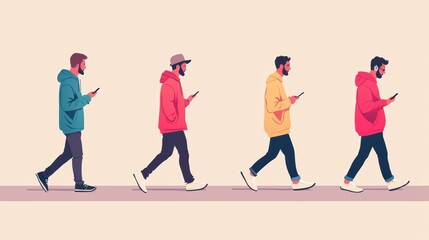 Fototapeta premium Four Men Walking and Using Smartphones Pixel Art Illustration