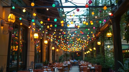 outdoor restaurant patio under a canopy of twinkling hanging lights, creating a magical setting for dining alfresco with friends and family