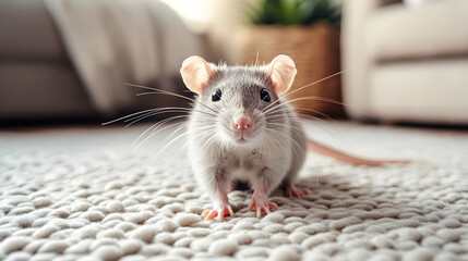 Charming Gray Mouse with Big Ears on Soft Carpet in Cozy Home Setting