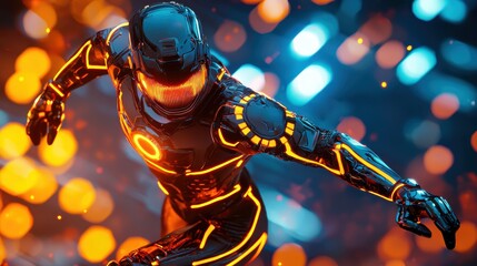 Futuristic Cyborg Running Through Neon Lights