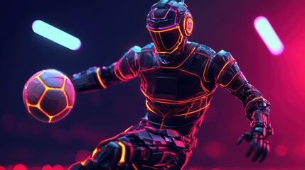 Futuristic Cyborg Soccer Player In Neon Light Action