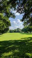 Sunny park meadow framed by trees, blue sky with clouds. Ideal for nature, relaxation, and serenity themes