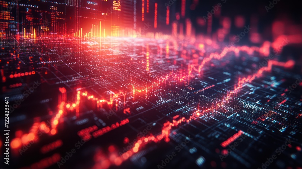 Poster abstract digital data flow: red and black circuit board with dynamic stock market charts