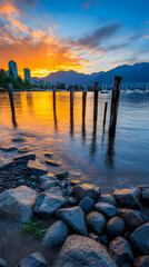 Fototapeta premium Sunset over city waterfront, calm waters reflecting vibrant sky, rocks in foreground, boats in harbor