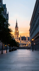 Naklejka premium Sunset view of city street, church tower, buildings, peaceful evening