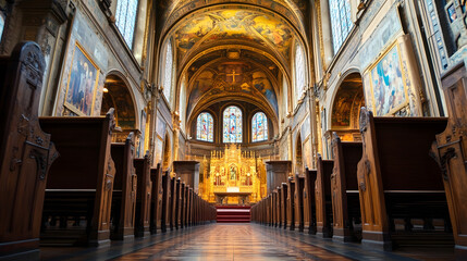 Obraz premium Historic Cathedral Interior Rich in Artistic and Religious Details : Generative AI