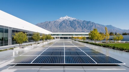 Modern building courtyard with solar panels, mountain backdrop. Use sustainable energy architecture
