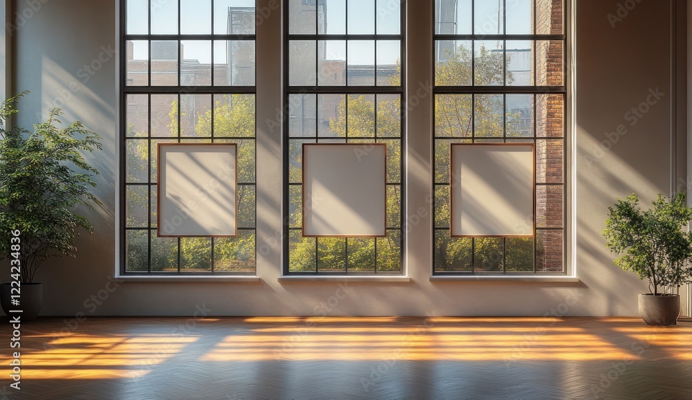 Poster minimalist art gallery interior with empty picture frames and dynamic shadows