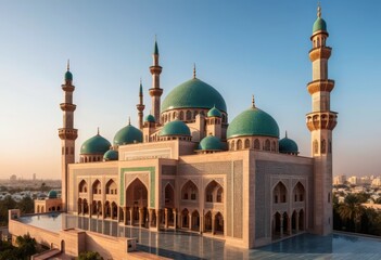 Stunning Teal Domes and Minarets of a Grand Mosque at Sunrise