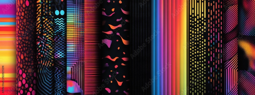 Poster a series of colorful stripes and squares with a rainbow stripe in the middle
